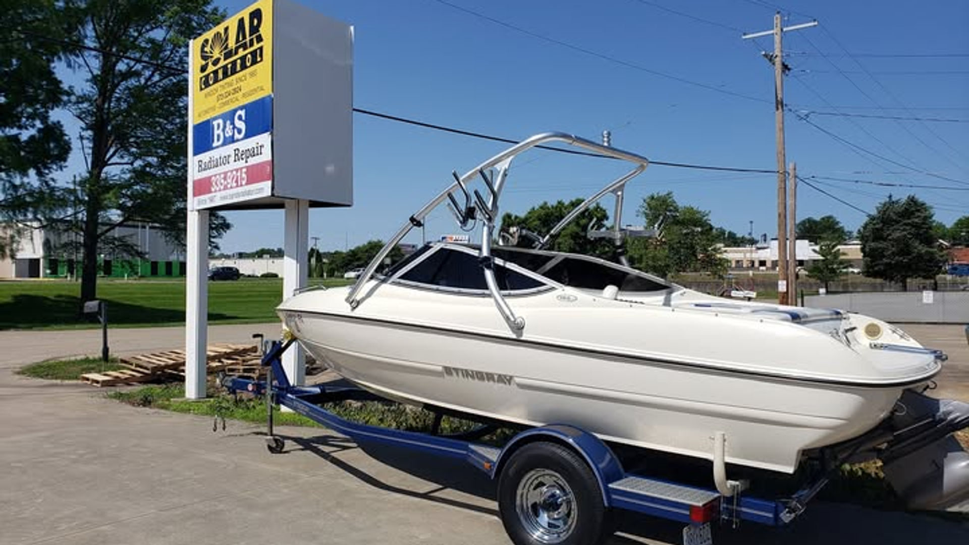 Stingray boat in the Solar Control shop for tinting