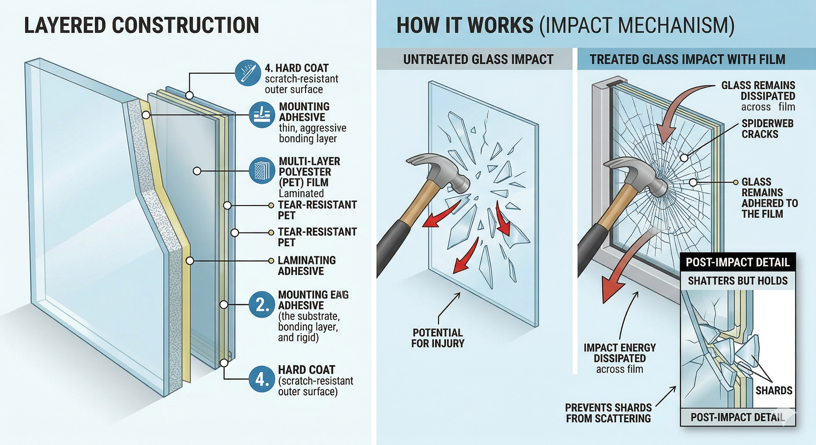 Security film layered construction and impact mechanism diagram